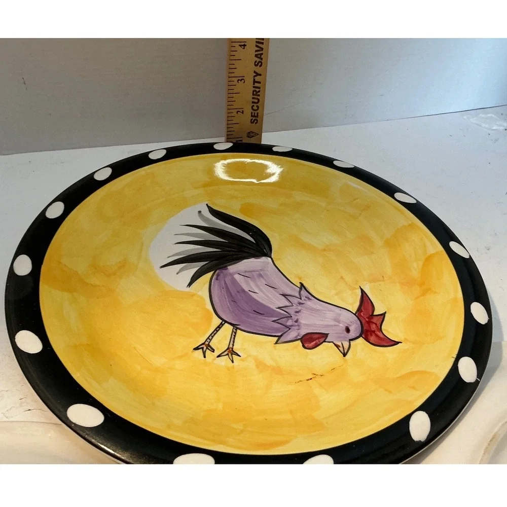 Vintage Rooster Ceramic Plates Set of 3 Polka Dot Rim 8 Inch Farmhouse